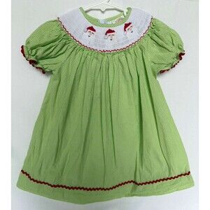 Smocked Polkadot Baby Girl Dress 24M Christmas Santa Green Gingham Cotton